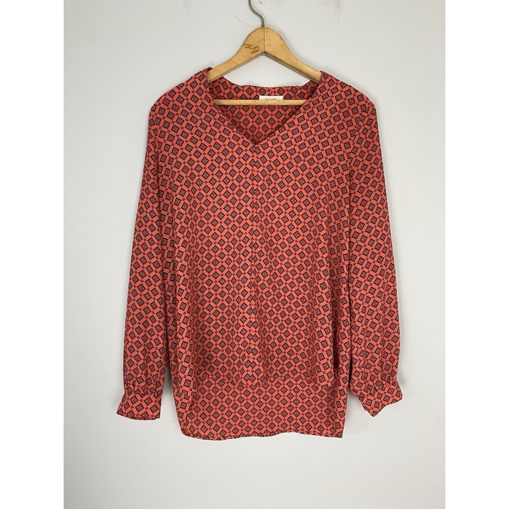 Pleione V Neck Blouse Womens Size S Geometric Print High Low Hem Pullover - Picture 1 of 8